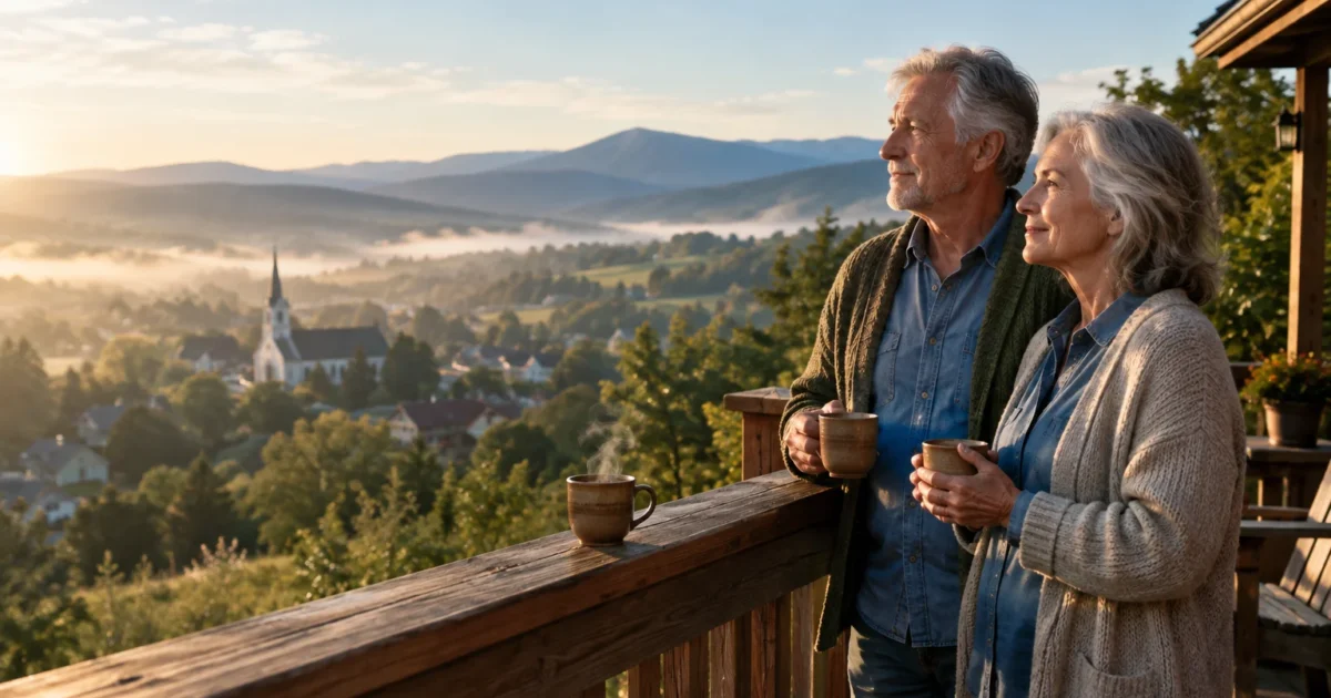 An older couple holding mugs on a wooden balcony overlooking a misty valley town and distant mountains at sunrise.
