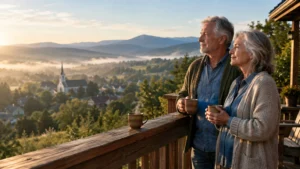 An older couple holding mugs on a wooden balcony overlooking a misty valley town and distant mountains at sunrise.