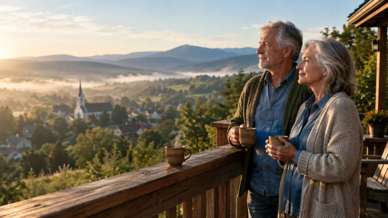 An older couple holding mugs on a wooden balcony overlooking a misty valley town and distant mountains at sunrise.