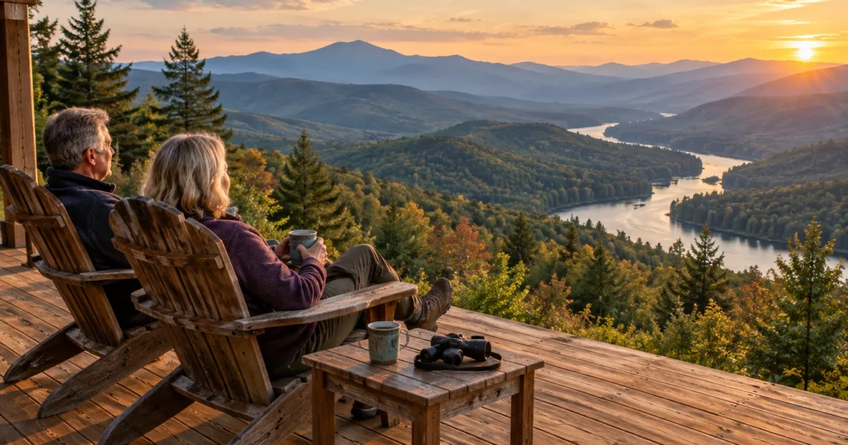 Older couple sitting in wooden deck chairs overlooking a sunset across forested mountain ridges and a winding river.