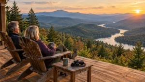 Older couple sitting in wooden deck chairs overlooking a sunset across forested mountain ridges and a winding river.