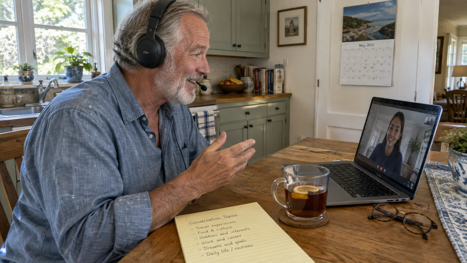 Senior man wearing a headset sits at a kitchen table video chatting with a woman on his laptop.
