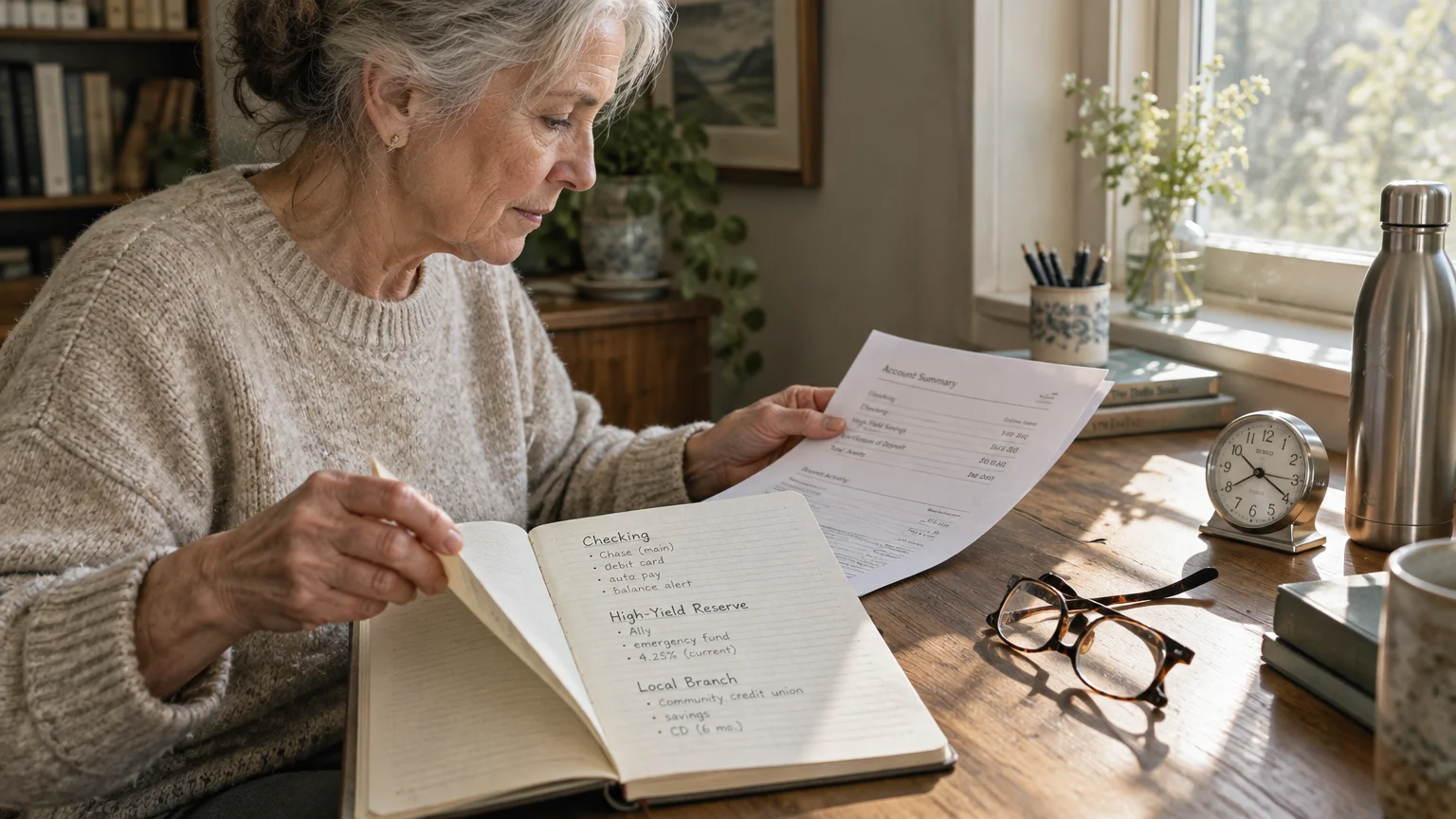 A senior woman reviews bank statements and handwritten notes detailing checking and savings accounts at a sunlit desk.