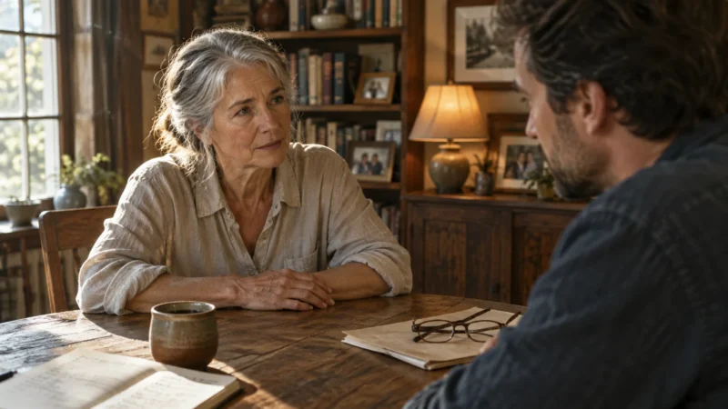 An older woman with grey hair sits at a wooden table, listening attentively to an adult man sitting across from her.