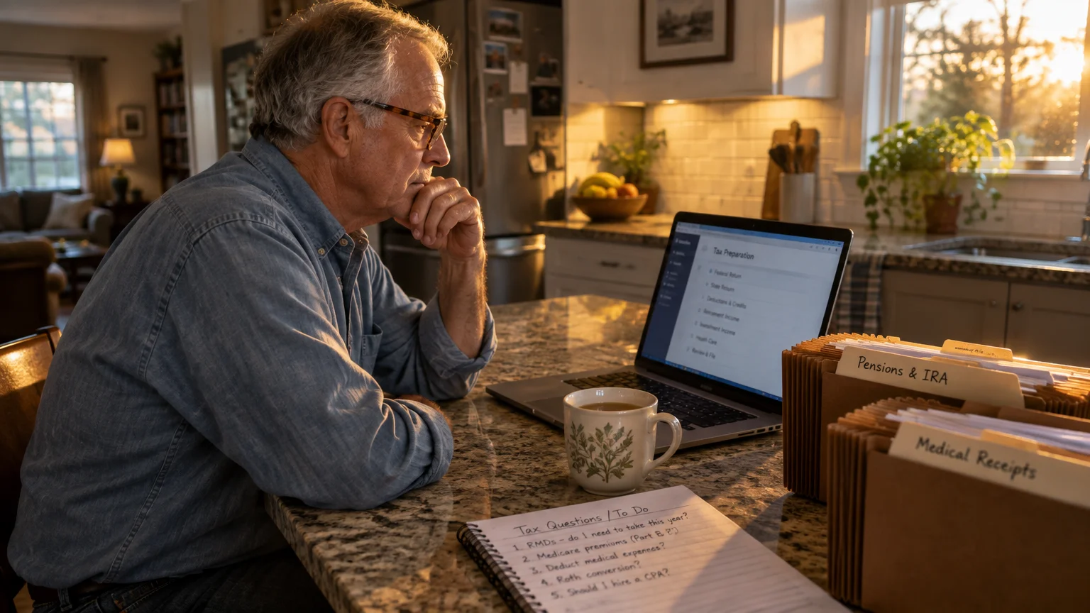 A senior man in glasses sits at a kitchen counter with a laptop open to tax software, beside file folders and notes.