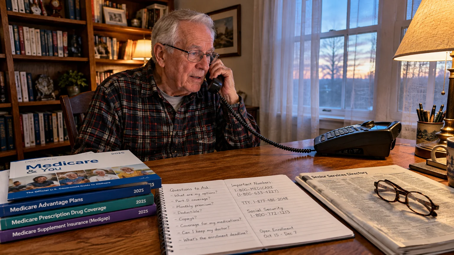 An older man speaks on a corded telephone at a desk with Medicare handbooks, a notebook, and a directory.