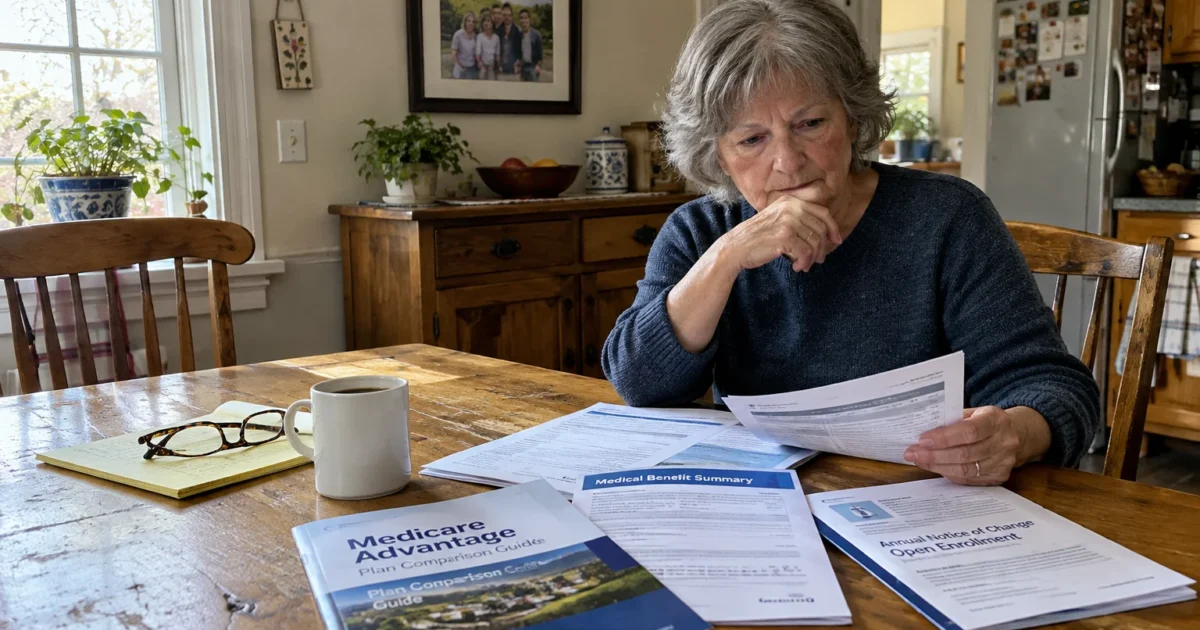 A woman reviews Medicare Advantage comparison guides and plan documents at a wooden table with a coffee cup.