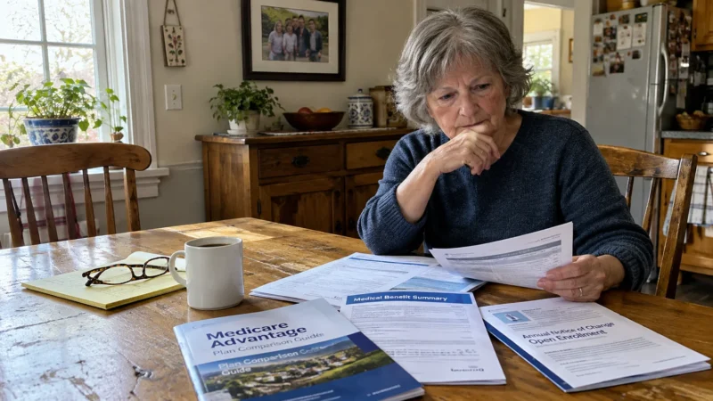 A woman reviews Medicare Advantage comparison guides and plan documents at a wooden table with a coffee cup.