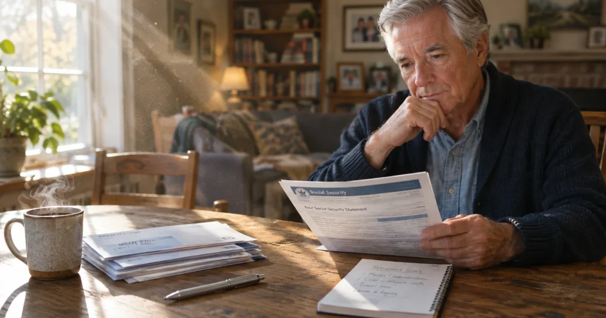 Senior man sitting at a table with coffee, thoughtfully reviewing a Social Security statement and retirement notes.
