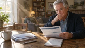 Senior man sitting at a table with coffee, thoughtfully reviewing a Social Security statement and retirement notes.