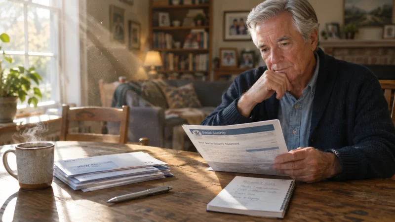 Senior man sitting at a table with coffee, thoughtfully reviewing a Social Security statement and retirement notes.