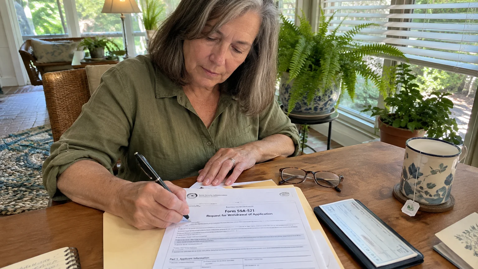 A woman sitting at a wooden table fills out Form SSA-521, Request for Withdrawal of Application, with a pen.