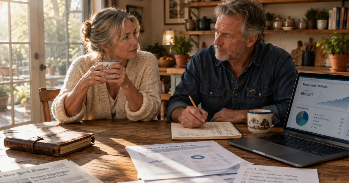 Mature couple reviewing retirement portfolio charts and taking notes at a sunlit wooden kitchen table with a laptop.
