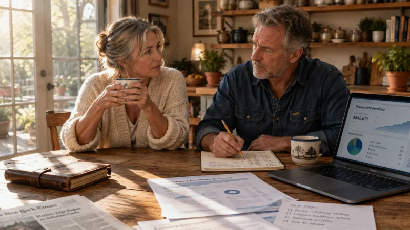 Mature couple reviewing retirement portfolio charts and taking notes at a sunlit wooden kitchen table with a laptop.
