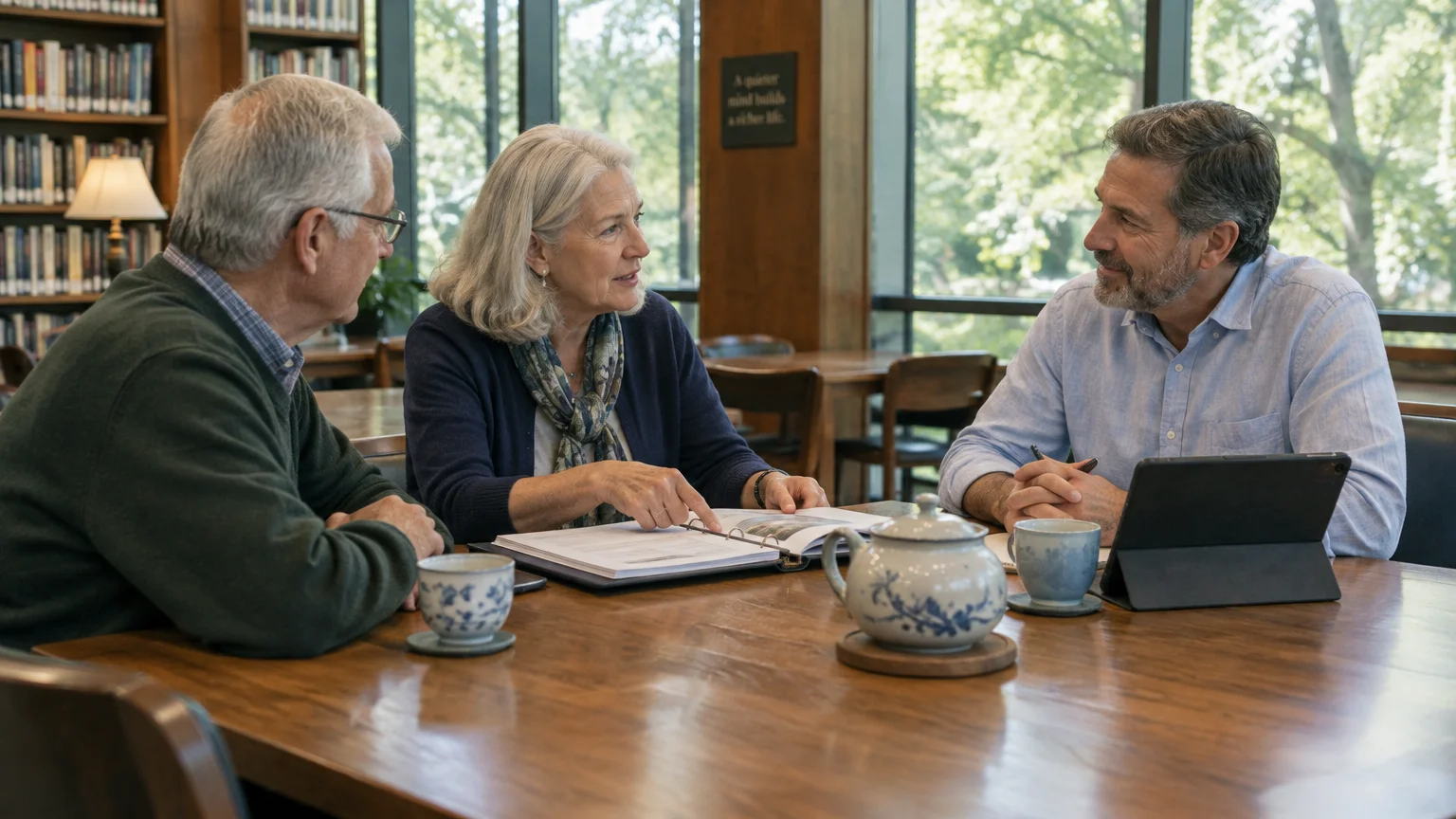 Senior couple reviewing a binder at a table with an advisor holding a tablet in front of large windows.