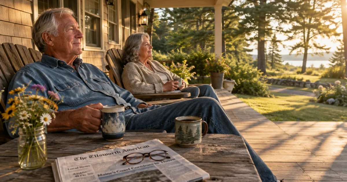 Older couple relaxing in wooden chairs on a porch with coffee mugs and a newspaper on a rustic wooden table.