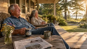Older couple relaxing in wooden chairs on a porch with coffee mugs and a newspaper on a rustic wooden table.