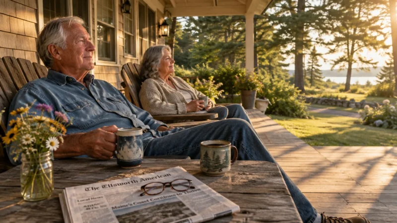 Older couple relaxing in wooden chairs on a porch with coffee mugs and a newspaper on a rustic wooden table.