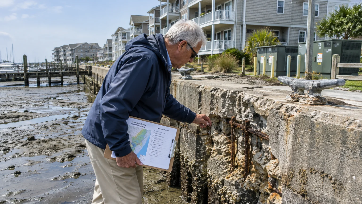 A man holding a clipboard inspects damaged concrete and rusty exposed rebar along a coastal seawall.
