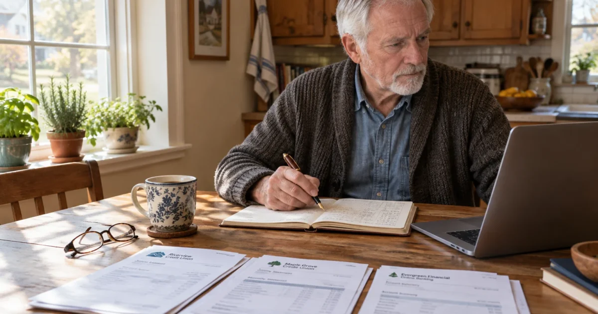 An older man sits at a dining table with a laptop, ledger, and banking statements from multiple financial institutions.