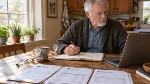 An older man sits at a dining table with a laptop, ledger, and banking statements from multiple financial institutions.