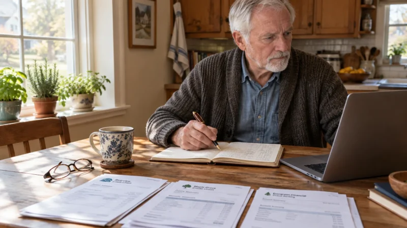 An older man sits at a dining table with a laptop, ledger, and banking statements from multiple financial institutions.