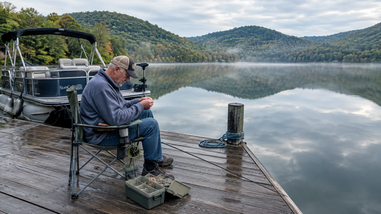 An older man sits on a wooden dock beside a pontoon boat, preparing fishing gear by a misty lake bordered by hills.