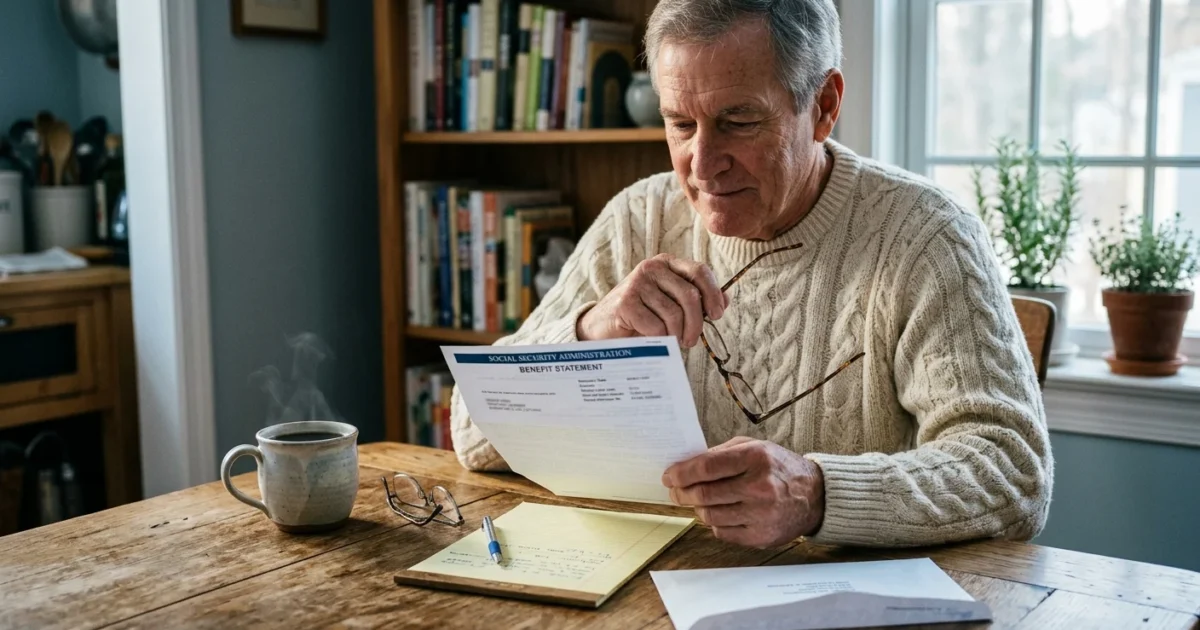 A senior man sits at a wooden table holding eyeglasses and reading a Social Security Administration benefit statement.