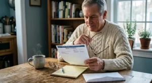 A senior man sits at a wooden table holding eyeglasses and reading a Social Security Administration benefit statement.