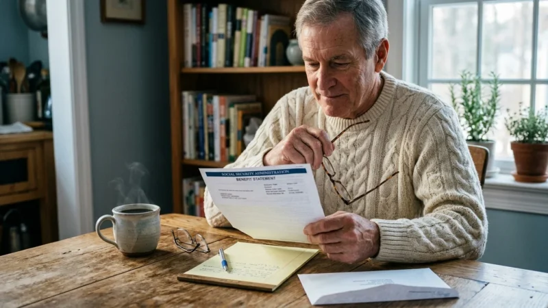 A senior man sits at a wooden table holding eyeglasses and reading a Social Security Administration benefit statement.