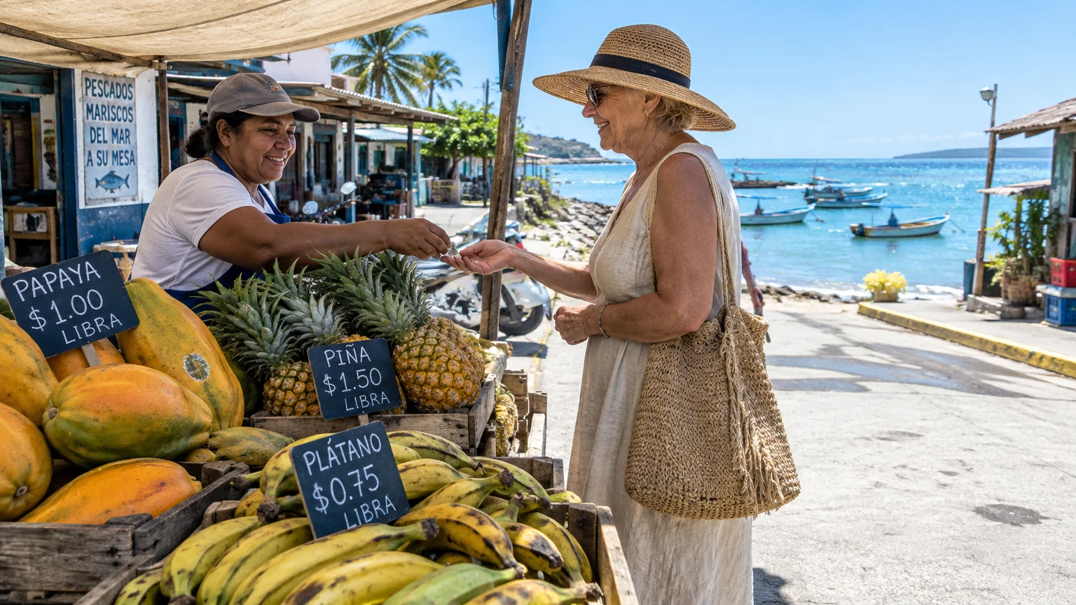 A smiling woman in a sunhat buys fruit from an outdoor vendor stand along a tropical harbor with turquoise water.