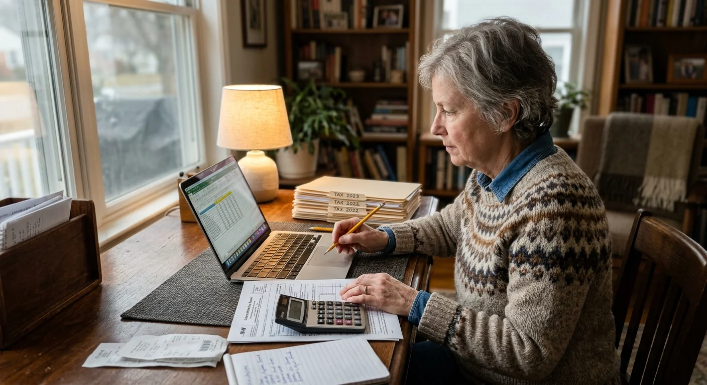 Woman sitting at a desk working on taxes with a laptop, calculator, paperwork, and stacked folders.
