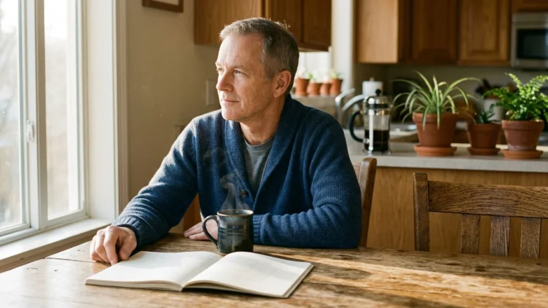 A mature man in a blue cardigan sits at a wooden kitchen table with a steaming mug and an open notebook, looking out a window.