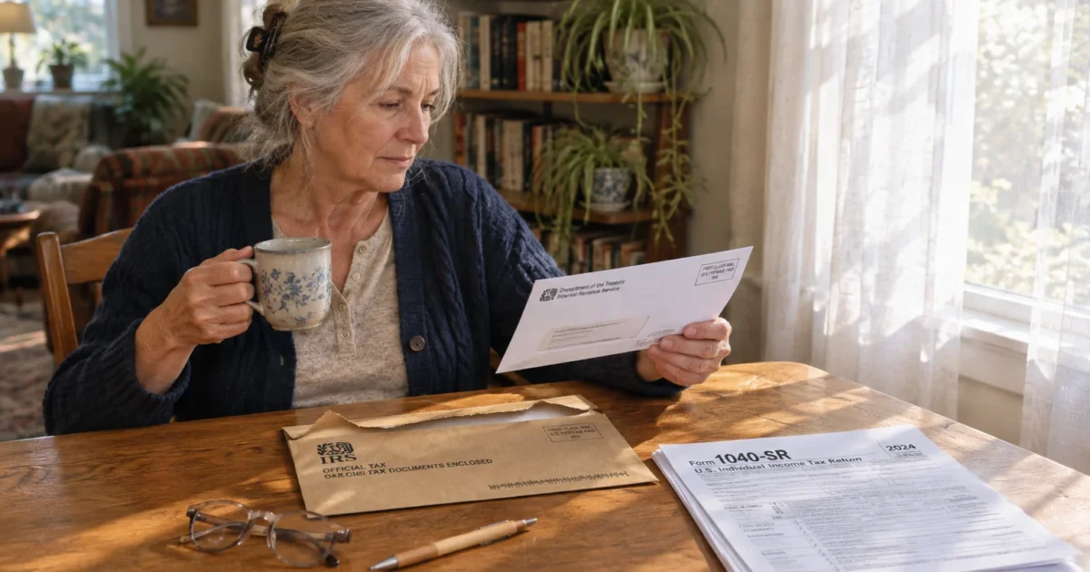 Senior woman holding a coffee mug and reading an IRS letter at a wooden table beside Form 1040-SR tax papers.
