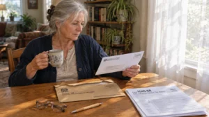 Senior woman holding a coffee mug and reading an IRS letter at a wooden table beside Form 1040-SR tax papers.