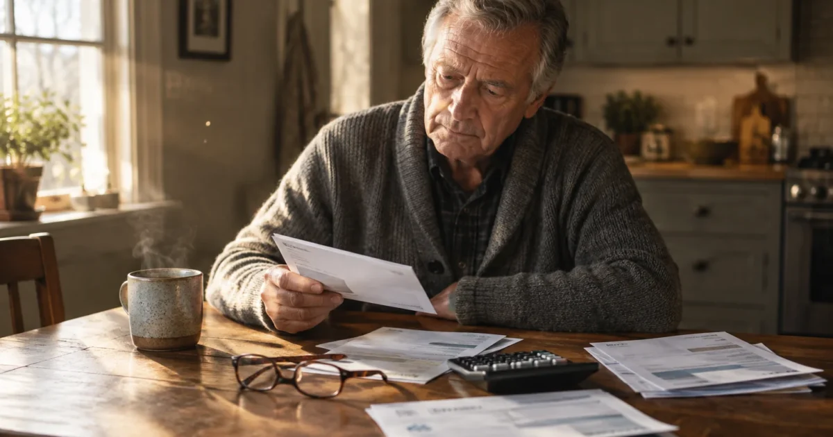 A senior man sits at a wooden table reviewing financial papers with a calculator, eyeglasses, and coffee mug nearby.