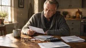 A senior man sits at a wooden table reviewing financial papers with a calculator, eyeglasses, and coffee mug nearby.