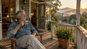 Senior man sitting in a rocking chair on a wooden porch, drinking coffee while looking at a scenic valley at sunrise.