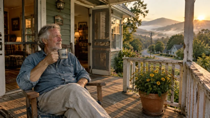 Senior man sitting in a rocking chair on a wooden porch, drinking coffee while looking at a scenic valley at sunrise.