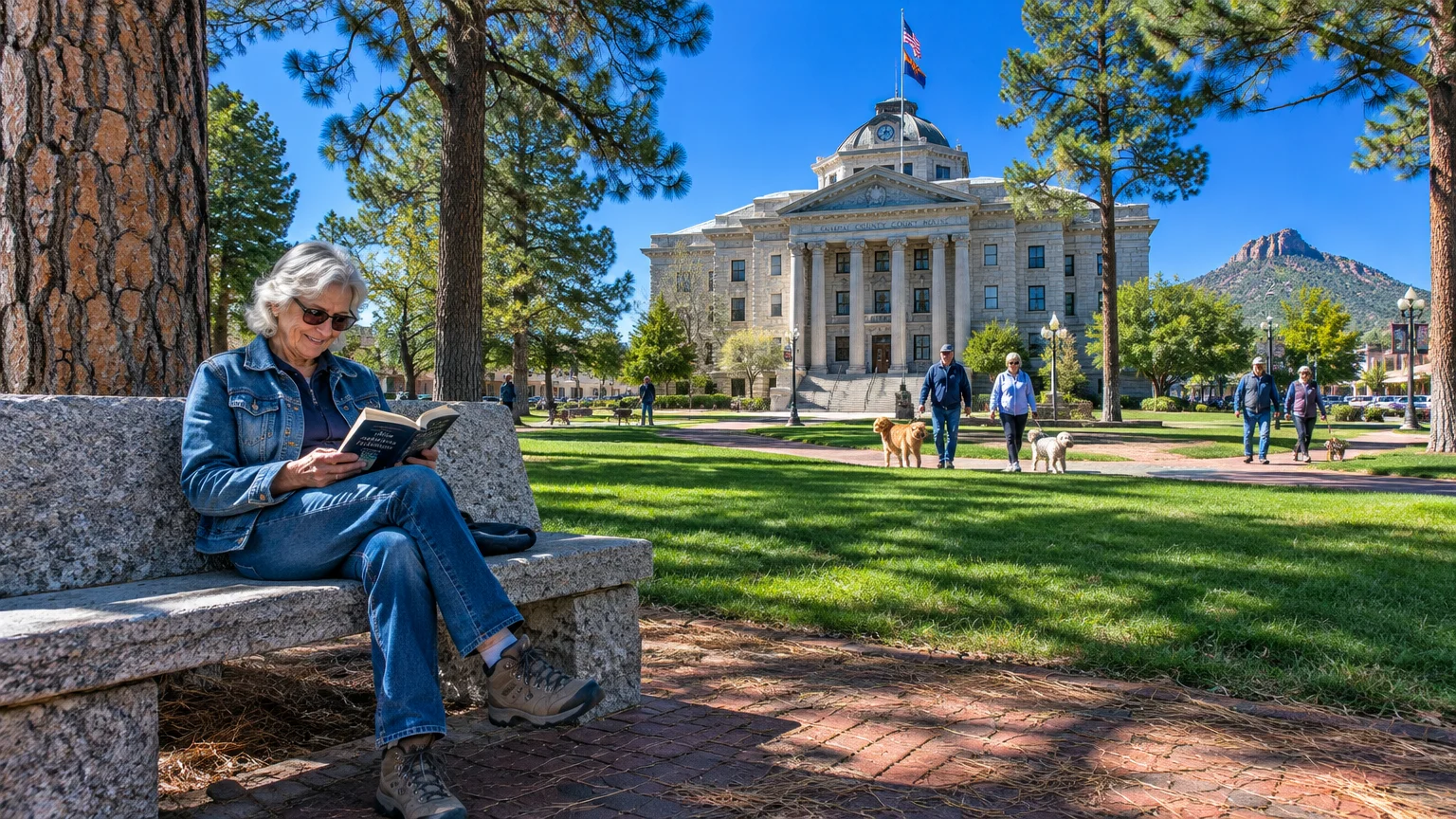 A woman reads on a stone bench in a grassy plaza before a historic stone courthouse with people walking dogs.