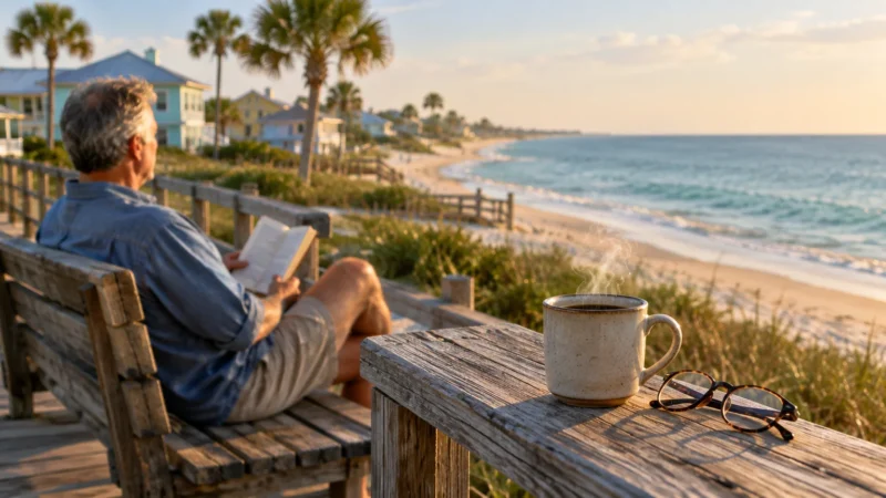 A man reads a book on a wooden bench overlooking a beach, with a steaming coffee mug on a rail in the foreground.
