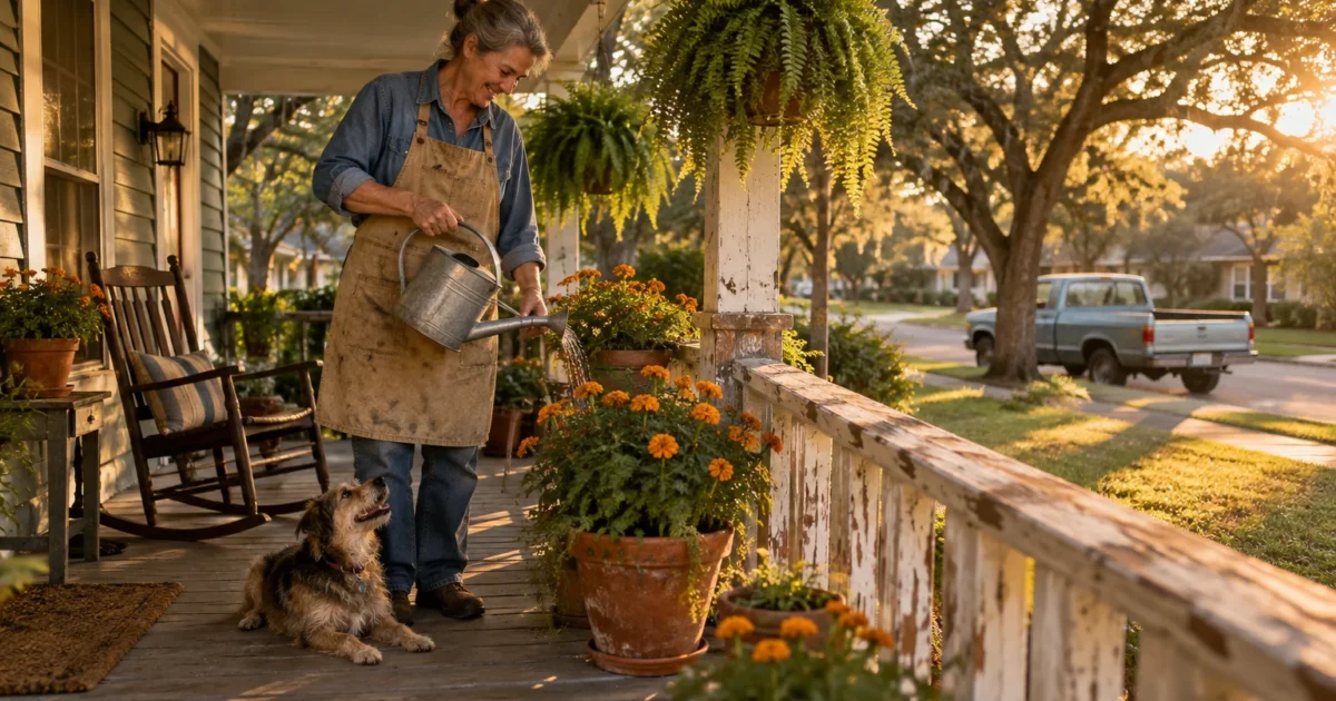 An older woman in an apron waters potted plants on a sunny front porch with a small dog lying beside her.