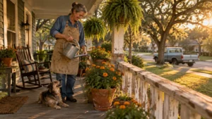 An older woman in an apron waters potted plants on a sunny front porch with a small dog lying beside her.