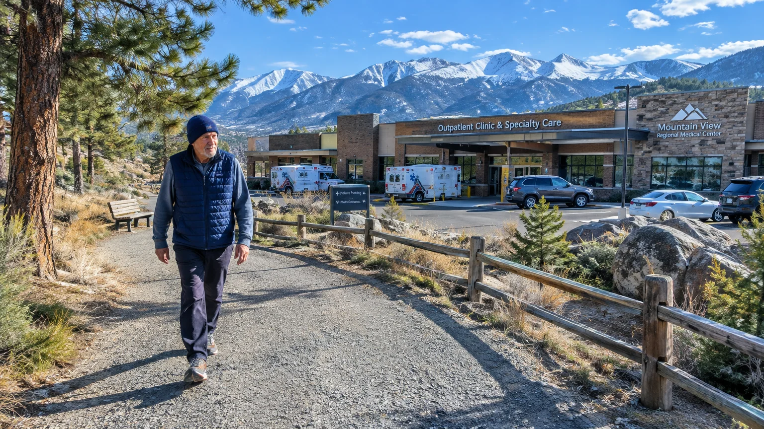 A man walks along a gravel trail near a medical center with snow-capped mountains in the background.