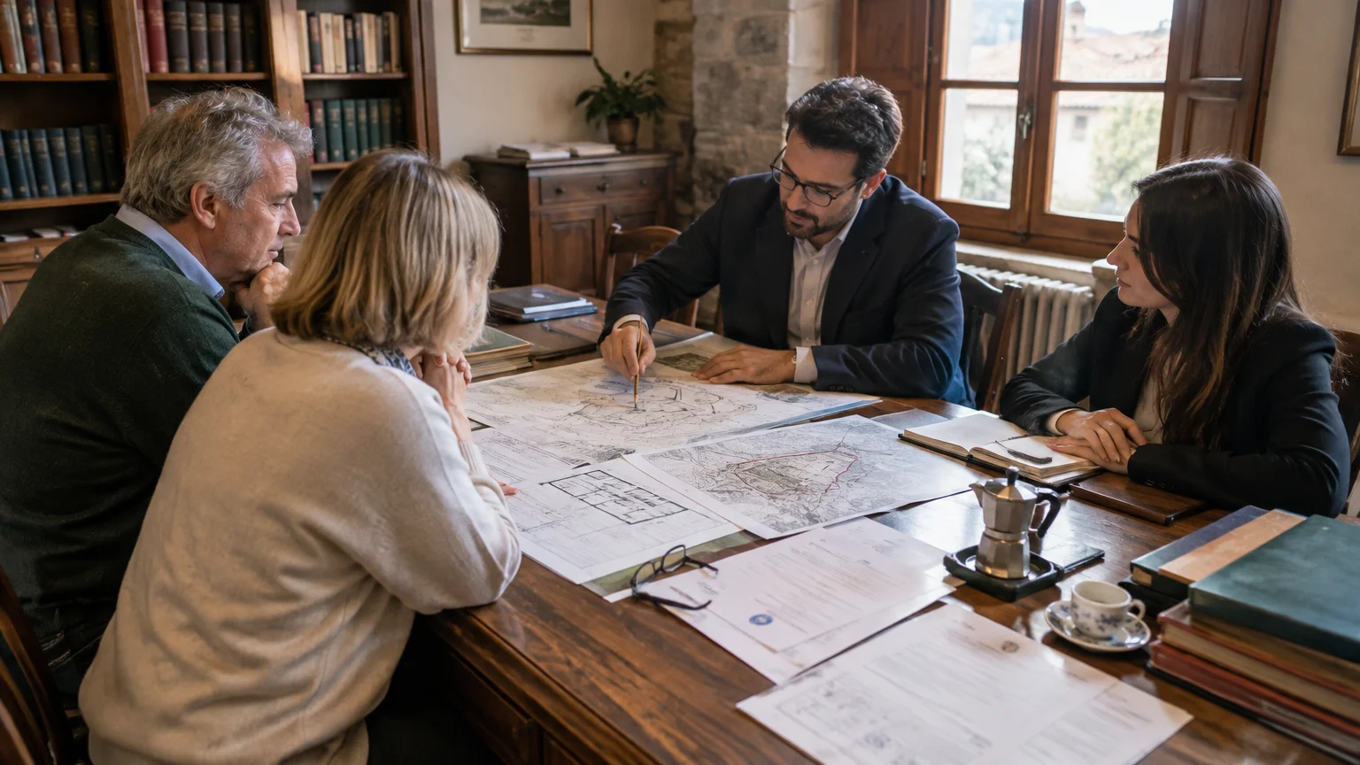 Four people review maps, architectural plans, and documents around a wooden conference table in a library.