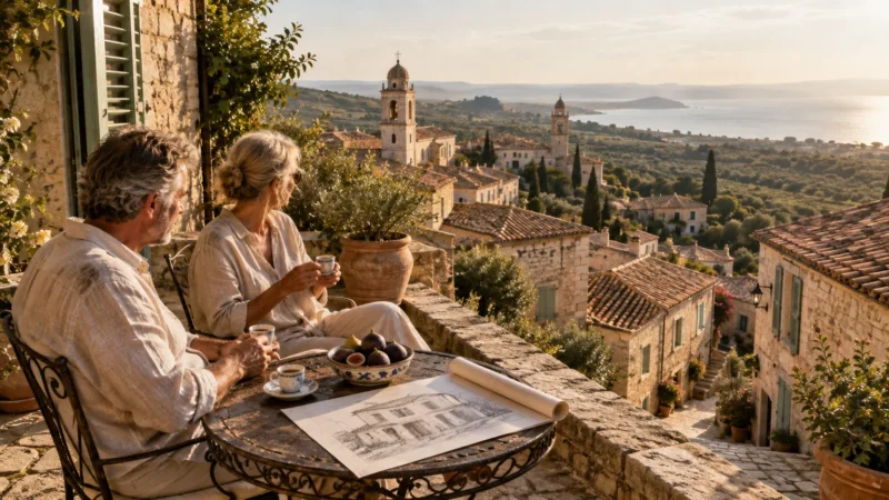 A senior couple drinking coffee on a stone terrace overlooking a historic Mediterranean village by the sea.