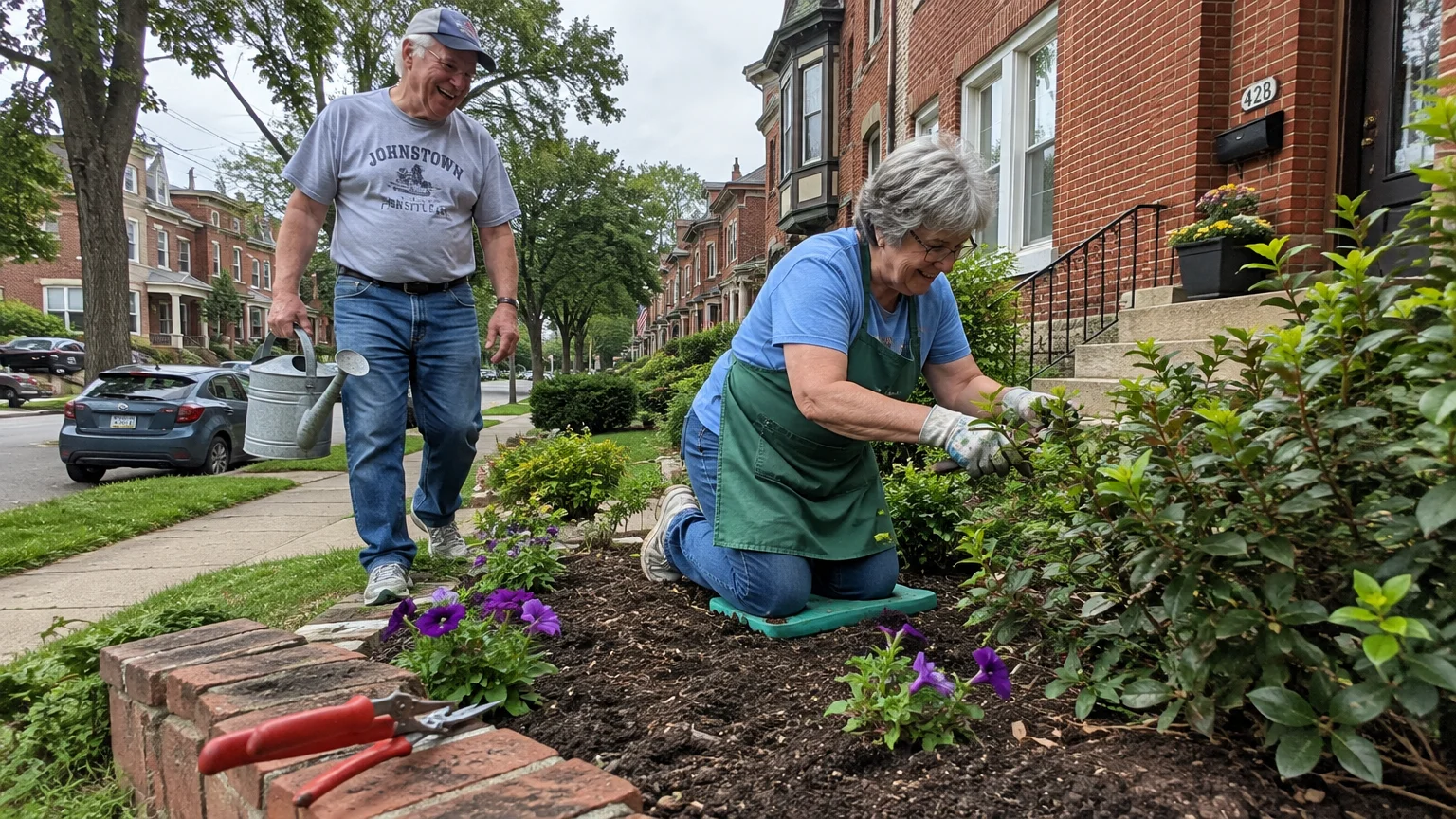 An older couple gardens outside a brick row house, with a woman tending plants while a man carries a watering can.