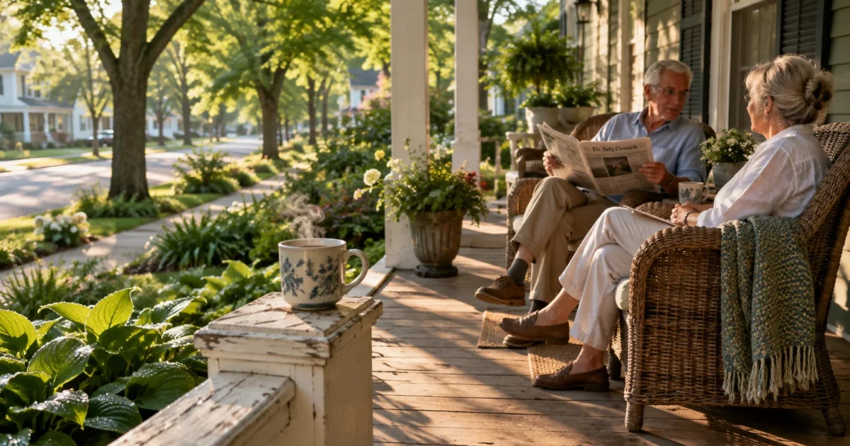 Senior couple sitting in wicker chairs on a sunny front porch, reading a newspaper and drinking coffee.