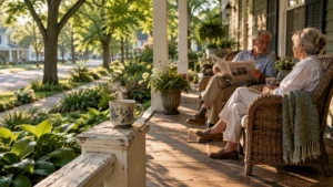 Senior couple sitting in wicker chairs on a sunny front porch, reading a newspaper and drinking coffee.