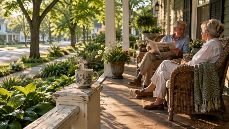 Senior couple sitting in wicker chairs on a sunny front porch, reading a newspaper and drinking coffee.